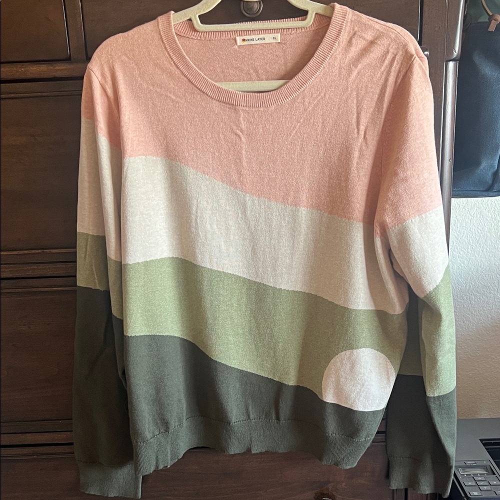 Marine Layer Pink and Green Colorblock Crew Neck Sweater